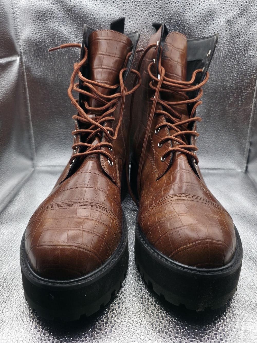 Farylrobin "Cammy" Croc-Embossed Platform Combat Boots - Size 16